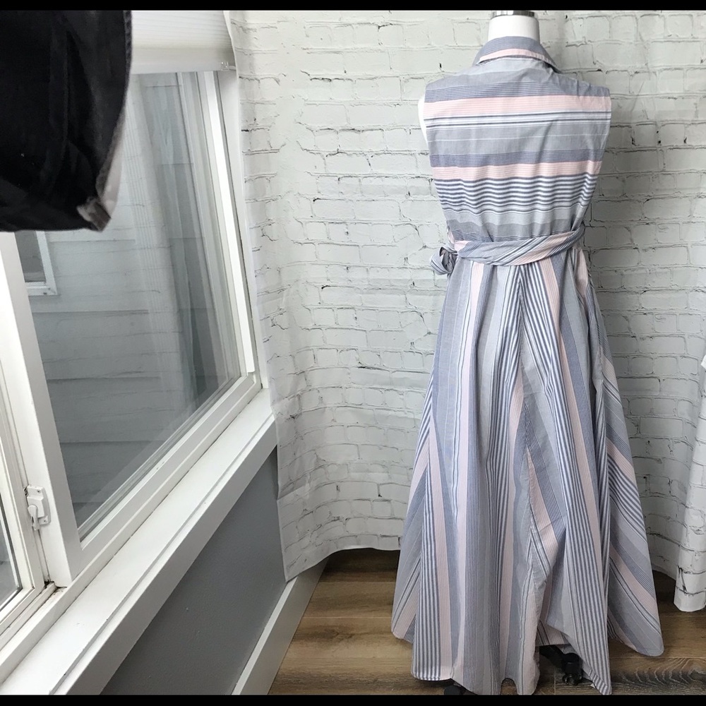 Calvin Klein Sleeveless Striped Wrap Maxi Dress in White and Light Blue - Picture 12 of 13